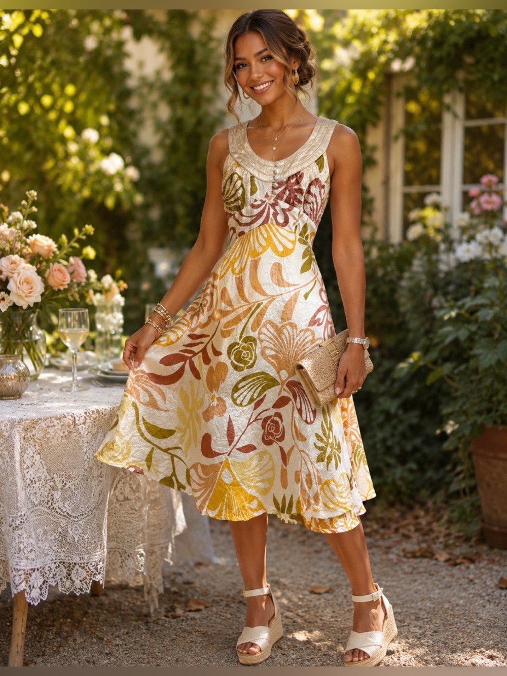 BCBG MaxRave Crinkle Satin Sleeveless Fit-n-Flare Earth Tone Floral Dress - M